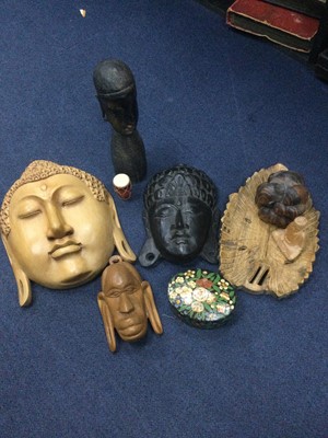 Lot 573 - A LOT OF CARVED WOOD ITEMS INCLUDING WALL MASKS AND FIGURES