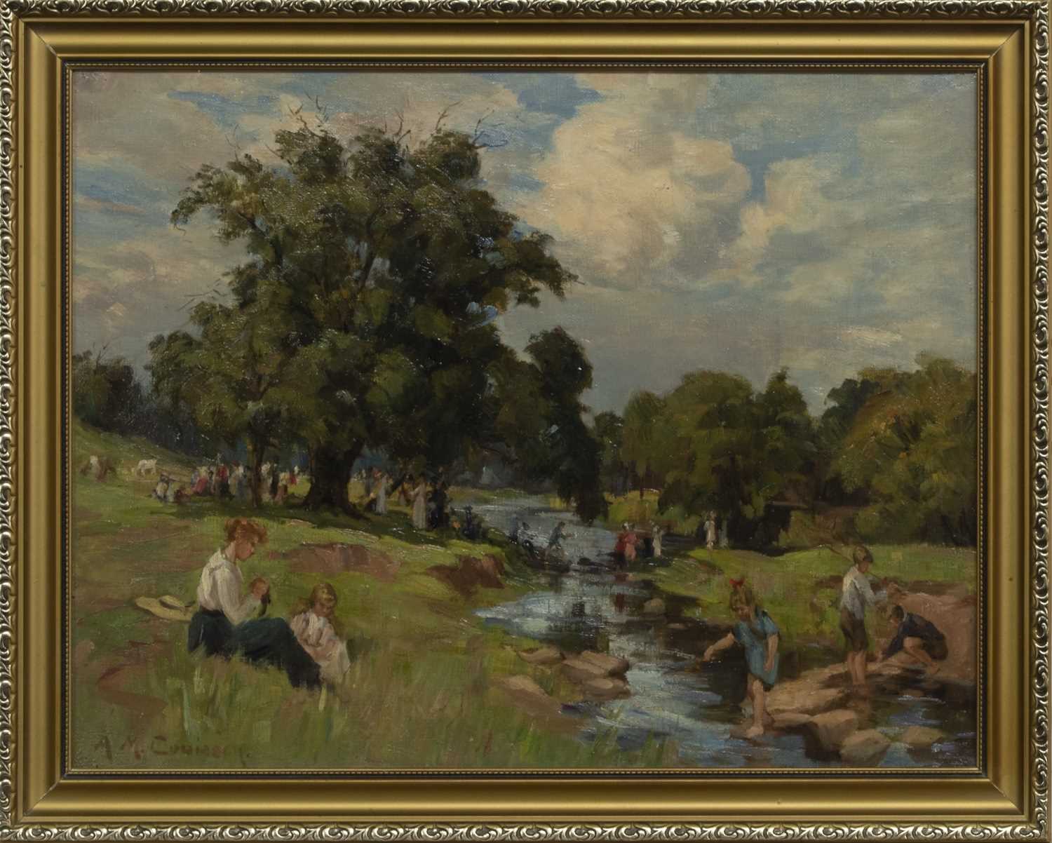 Lot 140 - A DAY BESIDE THE BURN, AN OIL BY AGNES M COWIESON