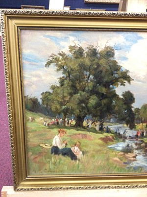 Lot 140 - A DAY BESIDE THE BURN, AN OIL BY AGNES M COWIESON