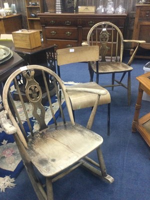 Lot 590 - A MAHOGANY OPEN ELBOW CHAIR, A SIMILAR ROCKING CHAIR AND ANOTHER CHAIR