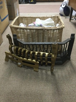 Lot 278 - A LOT OF TWO FIRE  GRATES AND VARIOUS LINEN IN A WICKER BASKET