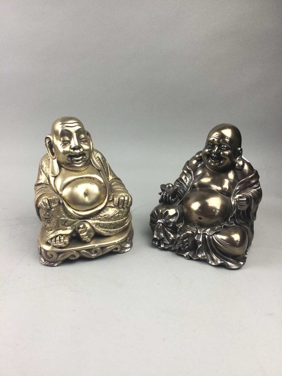 Lot 46 - A LOT OF TWO SILVERED COMPOSITION BUDDHA FIGURES