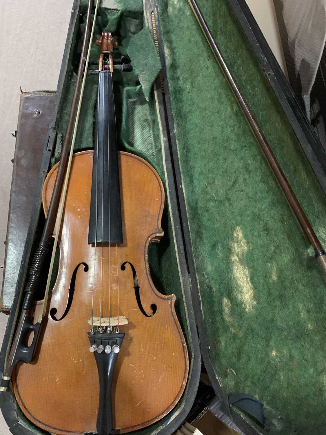 Lot 47 - A VINTAGE VIOLIN AFTER STRADIVARIUS AND TWO BOWS