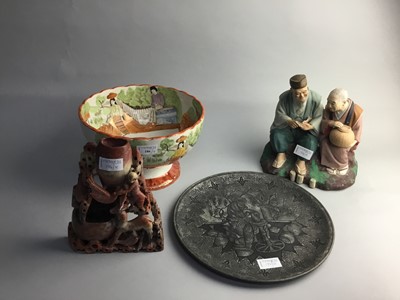 Lot 186 - A SOAPSTONE SPILL HOLDER AND OTHER CERAMICS