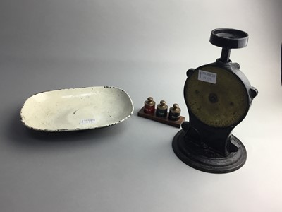 Lot 189 - A METAL FUEL BIN, A NEEDLEWORK TABLE AND SCALES