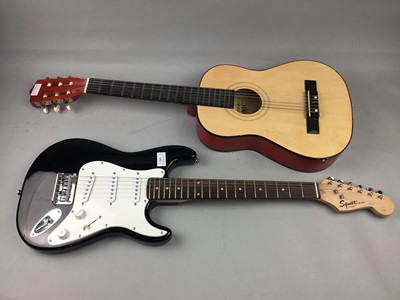 Lot 191 - A SQUIRE MINI ELECTRIC GUITAR AND THREE OTHERS