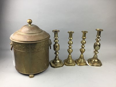 Lot 105 - A LOT OF TWO PAIRS OF BRASS CANDLESTICKS AND OTHER ITEMS