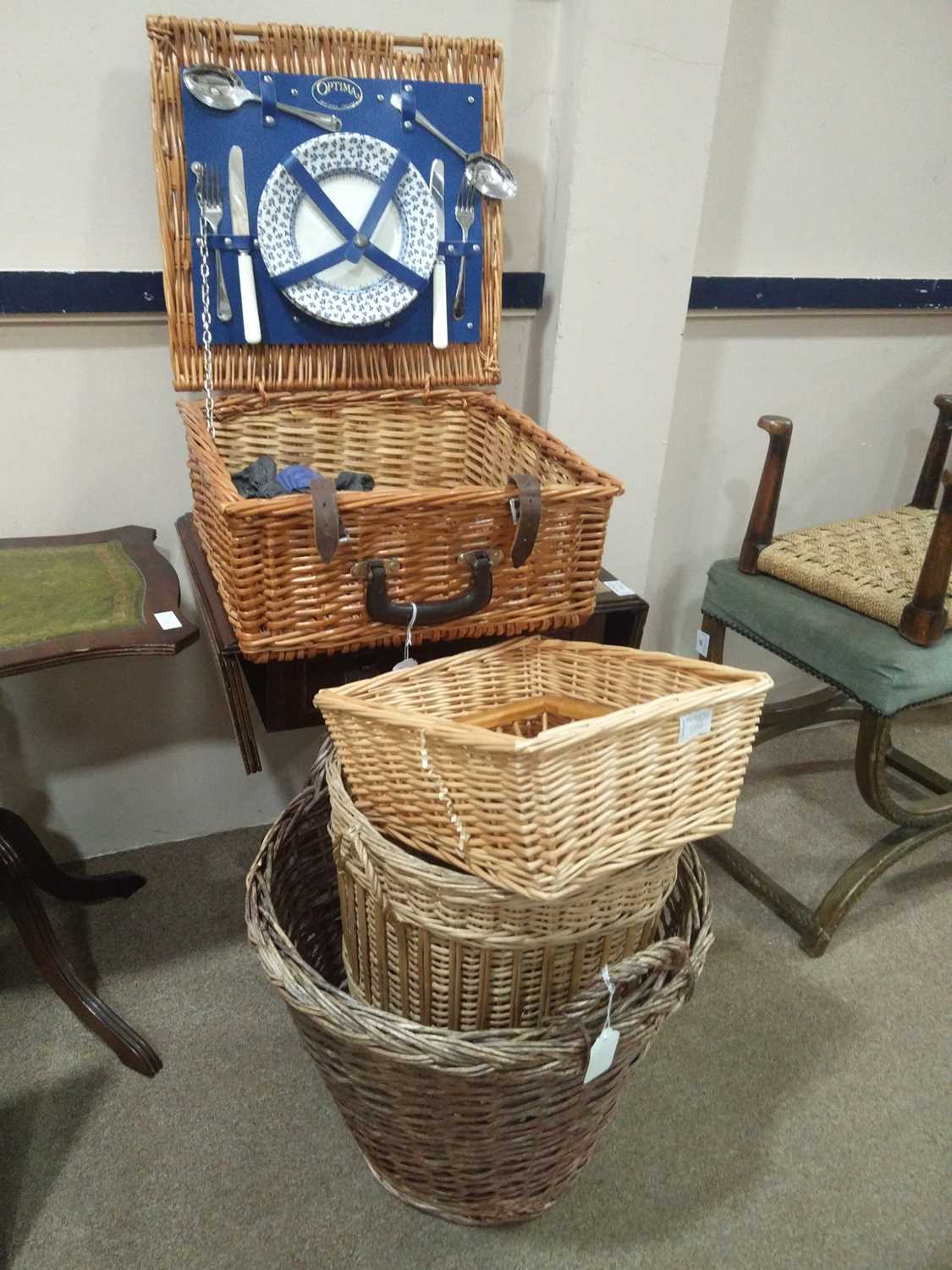 Lot 53 - A PICNIC SET CONTAINED IN A WICKER BASKET AND ANOTHER BASKET