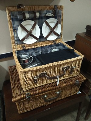 Lot 127 - A PICNIC SET CONTAINED IN A WICKER BASKET AND ANOTHER