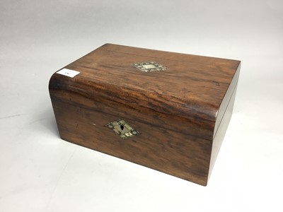 Lot 136 - AN INLAID WALNUT SEWING BOX, ANOTHER AND AN OCCASIONAL TABLE