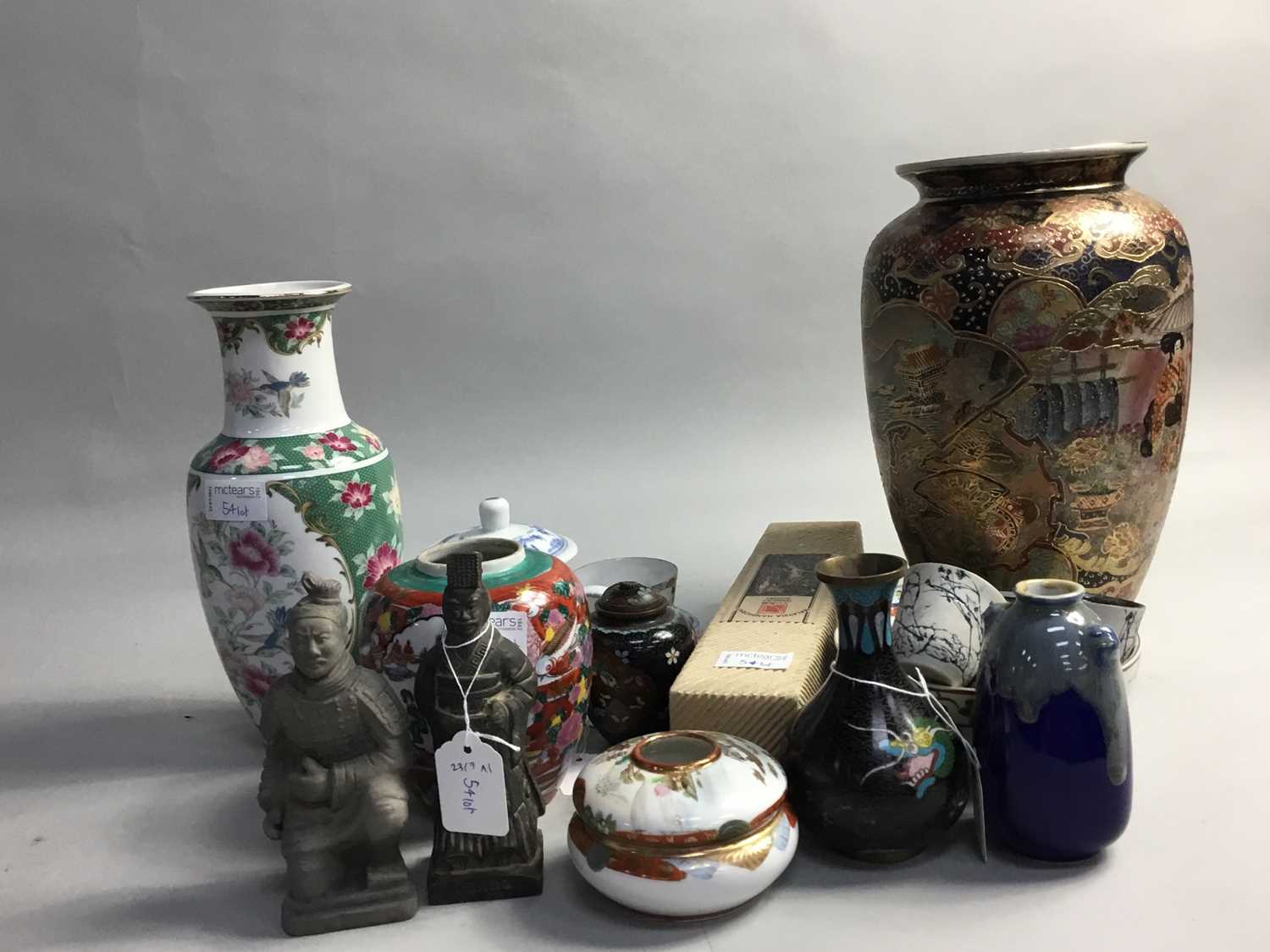 Lot 54 - A JAPANESE CLOISONNE VASE AND OTHER VASES AND FIGURES