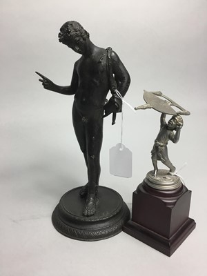 Lot 139 - A BRONZE CLASSICAL FIGURE AND A WHITE METAL FIGURE