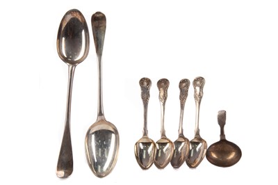 Lot 423 - A PAIR OF SILVER HANOVERIAN PATTERN TABLE SPOONS AND OTHERS