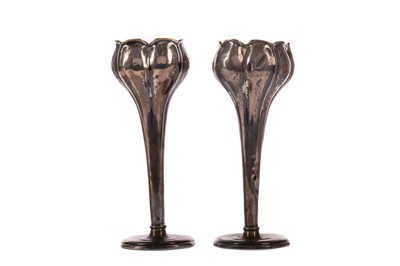 Lot 424 - A PAIR OF SILVER BUD VASES, PEPPER POT AND GROUP OF SILVER SPOONS