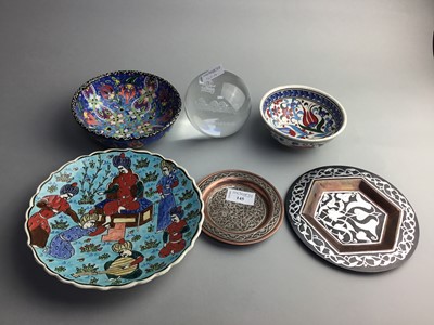 Lot 145 - A TURKISH CERAMIC BOWL TWO BRASS DISHES AND OTHER OBJECTS