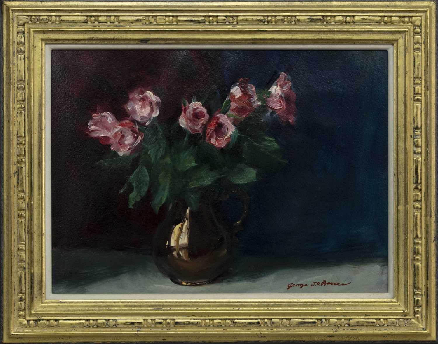 Lot 521 - NO. 44, PINK ROSES IN LUSTRE, AN OIL BY GEORGE J D BRUCE