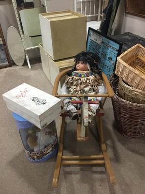 Lot 216 - A MID 20TH CENTURY CHILD'S TOY ROCKER AND THREE DOLLS