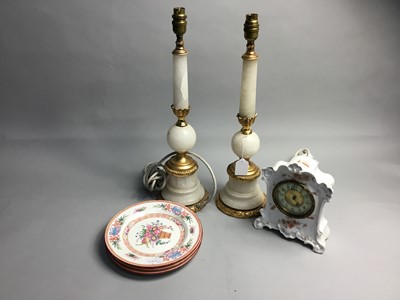 Lot 349 - A PAIR OF ONYX AND BRASS TABLE LAMPS, CERAMICS CLOCK AND PLATES