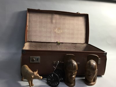 Lot 358 - A LOT OF WOOD ITEMS INCLUDING ANIMAL FIGURES CONTAINED IN A SUITCASE