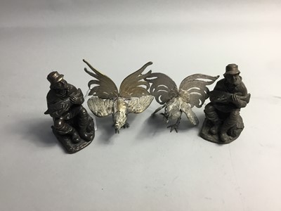 Lot 365 - A PAIR OF WHITE METAL COCKERAL FIGURES AND OTHER SILVER PLATED ITEMS