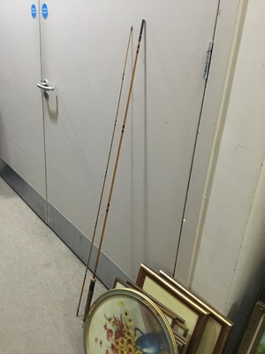 Lot 369 - A LOT OF FISHING RODS AND A FRAMED 'HARRY FAIRY FLIES' WALL HANGING