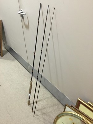 Lot 369 - A LOT OF FISHING RODS AND A FRAMED 'HARRY FAIRY FLIES' WALL HANGING