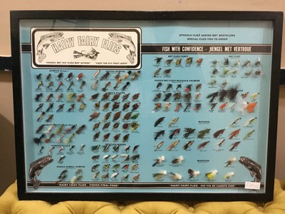 Lot 369 - A LOT OF FISHING RODS AND A FRAMED 'HARRY FAIRY FLIES' WALL HANGING