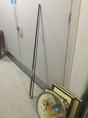 Lot 369 - A LOT OF FISHING RODS AND A FRAMED 'HARRY FAIRY FLIES' WALL HANGING