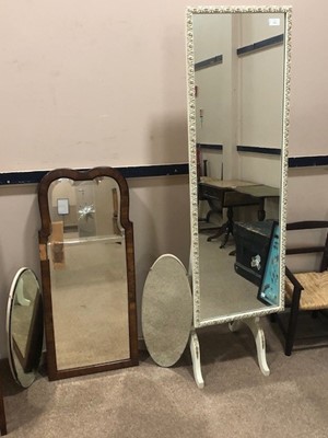 Lot 373 - A WHITE PAINTED CHEVAL MIRROR, AN OVAL TRIPLATE MIRROR AND ANOTHER MIRROR