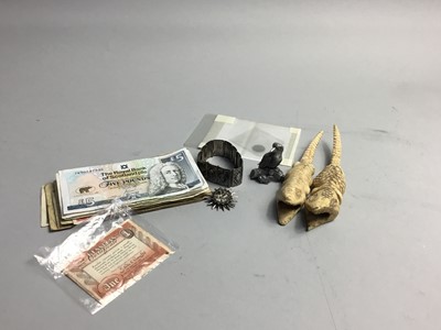 Lot 233 - A LOT OF TWO CARVED BONE CROCODILES, BANKNOTES, BRACELET AND OTHER ITEMS