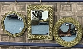 Lot 312 - A BRASS FRAMED CIRCULAR WALL MIRROR AND TWO OTHER MIRRORS