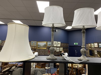 Lot 315 - A PAIR OF BRASS TABLE LAMPS WITH SHADES AND FOUR OTHER TABLE LAMPS