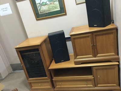 Lot 320 - A MODERN TELEVISION STAND, A STEREO CABINET WITH STEREO AND A MODERN CUPBOARD