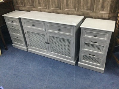 Lot 322 - A GREY PAINTED CUPBOARD AND A PAIR OF BEDSIDE CHESTS