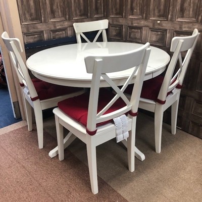 Lot 378 - A WHITE PAINTED CIRCULAR TABLE AND FOUR CHAIRS