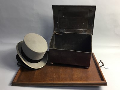 Lot 308 - A VINTAGE COPPER SLIPPER BOX AND A TWIN HANDLED SERVING TRAY