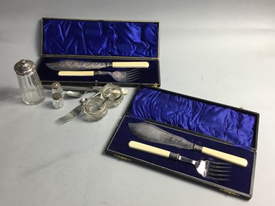 Lot 428 - A SUGAR SIFTER WITH SILVER TOP, TWO CASED CARVING SETS AND OTHER ITEMS