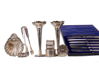 Lot 432 - A PAIR OF GEORGE V SILVER SOLIFLEUR VASES ALONG WITH OTHER SILVER WARE