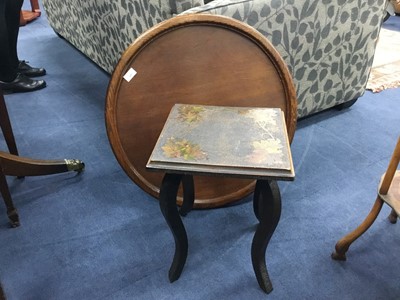 Lot 439 - AN EDWARDIAN POKERWORK STOOL AND A TRAY