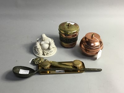 Lot 440 - A LATE 19TH CENTURY BRASS DOUBLE INKWELL, ALONG WITH OTHER METAL WARE