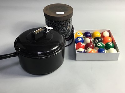 Lot 441 - A BOXED SET OF POOL BALLS, ALONG WITH A POT AND POT STAND