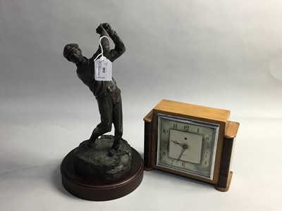 Lot 446 - A SMITHS MANTEL CLOCK AND A BRONZED FIGURE OF A GOLFER