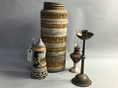 Lot 465 - A WEST GERMAN POTTERY VASE, SMALL OIL LAMP, BRASS CANDLESTICK AND A TANKARD