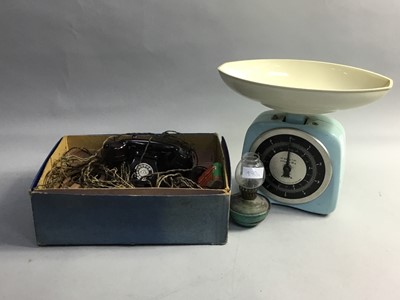 Lot 470 - A SET OF KRUPS VINTAGE SCALES, TWO OIL LAMPS, AND A CHAD VALLEY TELEPHONE