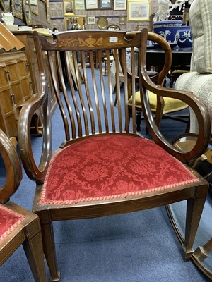 Lot 480 - A PAIR OF INLAID MAHOGANY OPEN ELBOW CHAIRS