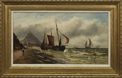 Lot 171 - FISHING OFF ST MICHAEL'S MOUNT, AN OIL BY GEORGE D CALLOW