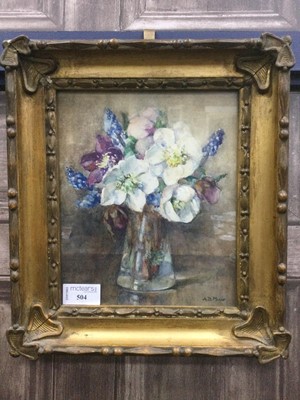 Lot 504 - ANNE.MUIR RSW, CHRISTMAS ROSES AND GRAPE HYACINTHS