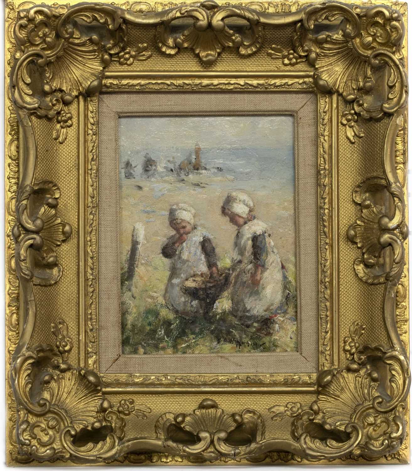 Lot 2015 - THE WEE FISHER LASSIES, AN OIL BY ROBERT GEMMELL HUTCHISON