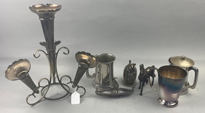 Lot 496 - A SILVER PLATED EPERGNE, SILVER PLATED AND PETWER TANKARDS AND OTHER PLATED WARE