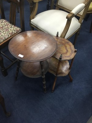 Lot 567 - AN INLAID TWIN HANDLED TRAY/TABLE AND TWO OTHER TABLES